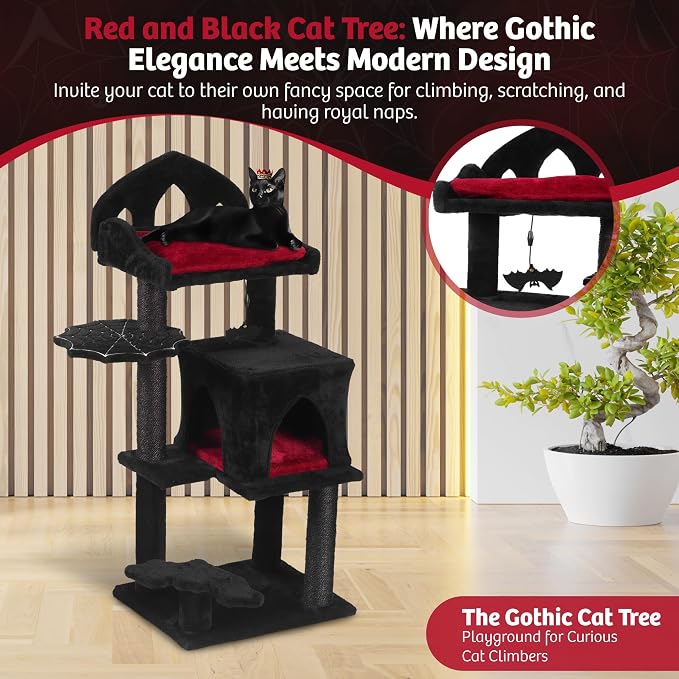 Gothic Cat Tree - 40" Goth Cat Bed, Spacious Condo, Spooky Hanging Bat, Durable Sisal Scratching Post - Elegant Black Cat Tree for Majestic Felines