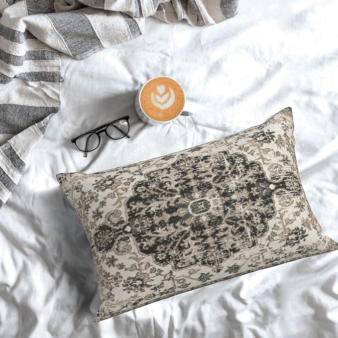 Boho Pillow Covers 12x20 Inch Set of 2,Carpet Pattern Throw Pillows Case,Black White Grey Ethnic Design Outdoor Decorative Lumbar Linen Farmhouse Decor Cushion Covers for Home Sofa Bed Couch