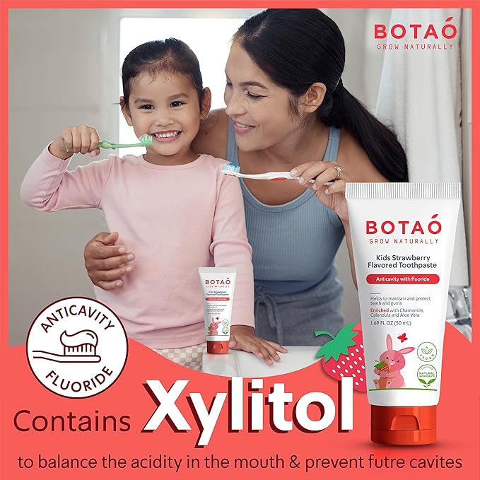 BOTAO Kids Toothpaste | Natural Strawberry Flavored Anticavity Fluoride Toothpaste Maximum Cavity Protection| EWG Verified, Vegan, SLS Free, Safe to Swallow, Aloe Vera (2Pack)
