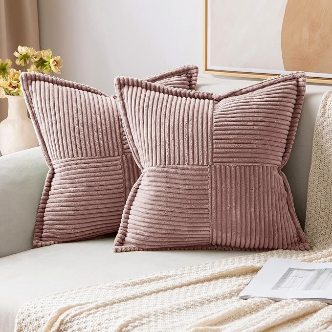 MIULEE Decorative Throw Pillow Covers for Couch 20x20 Inch Blush Pink | 2 Pack, Boho Broadside Striped Patchwork Pillow Covers, Soft Corduroy Cushion Cases, For Sofa Bed Livingroom Home Decor