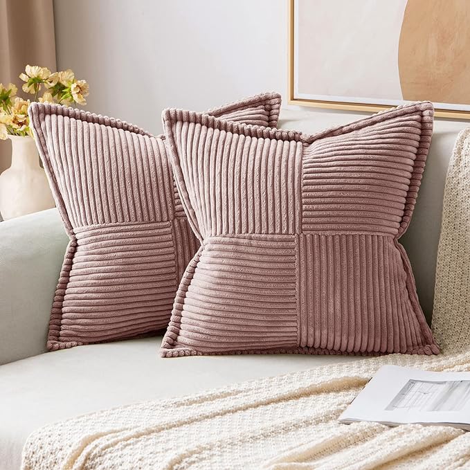 MIULEE Decorative Throw Pillow Covers for Couch 18x18 Inch Blush Pink | 2 Pack, Boho Broadside Striped Patchwork Pillow Covers, Soft Corduroy Cushion Cases, For Sofa Bed Livingroom Home Decor