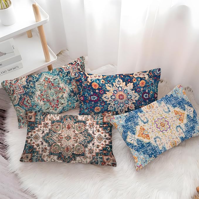 Boho Throw Pillow Covers 12x20 inch Set of 2,Boho Vintage Carpet Pattern Antique Ethnic Decor Double Sided Pattern Cushion Cover Soft Pillow Case Living Sofa Room Bed Square Pillow Cover