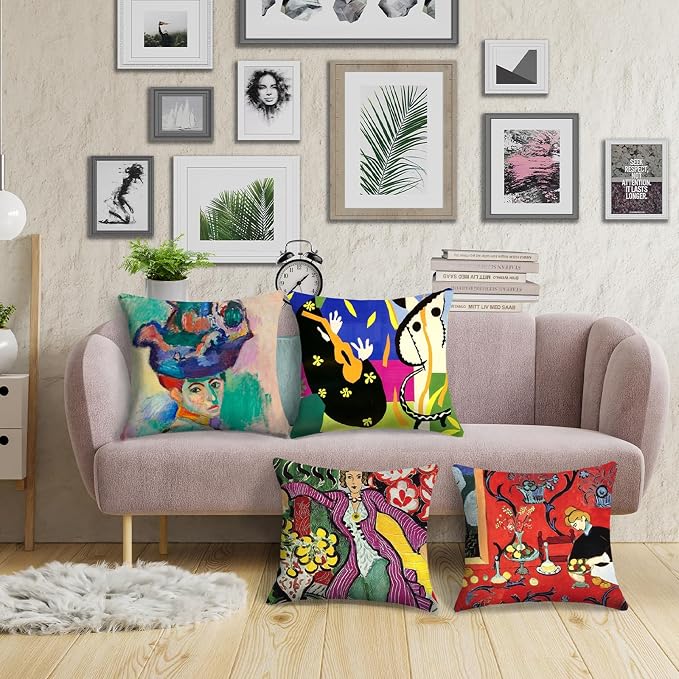 Matisse Pattern Throw Pillow Covers 18x18 inches Set of 4 Abstract Art Painting Pillow Cases Aesthetic Decorative Cushion Covers for Sofa Couch Living Room