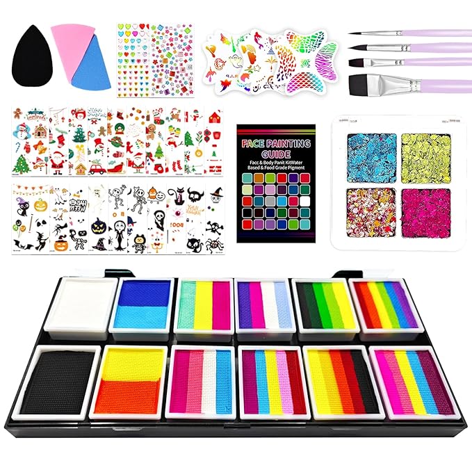 Face Painting Kit for Kids & Adults - 12x10g Non-Toxic Hypoallergenic Split Cake Face Paint Palette ,Water Activated Rainbow Face Paint with Stencils | Halloween, Christmas, Party Makeup