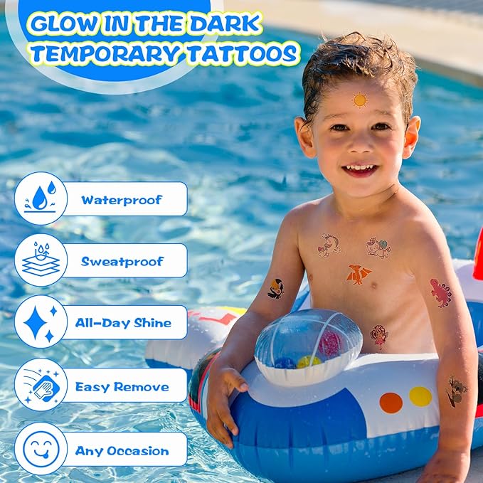 300pcs (30 Sheets) Glow-in-the-Dark Temporary Tattoos for Kids - Unicorn, Dinosaur, Mermaid, Fairy, Animals ＆ Butterfly - Temporary Tattoos for Boy ＆ Girls, Party Favors
