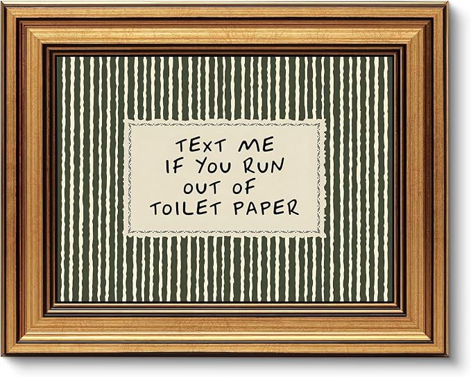 Gold Framed Wall Art, Funny Bathroom Canvas Prints, Text Me If You Run Out Of Toilet Paper Picture Wall Decor, Striped Humorous Decor for Bathroom Toilet Restroom 12x16 inch