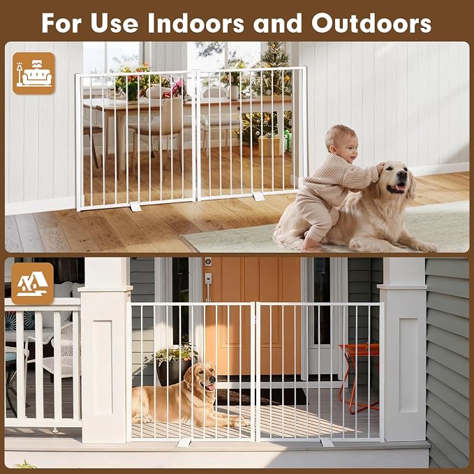52" Extra Wide Dog Gate Indoor, Heavy Duty Metal Freestanding Dog Gate-Auto Close, Foldable Pet Fence – Anti-Topple Stability Feet for Stairs, Doorways,House,Porch,Deck,Yard(2 Panels,White)