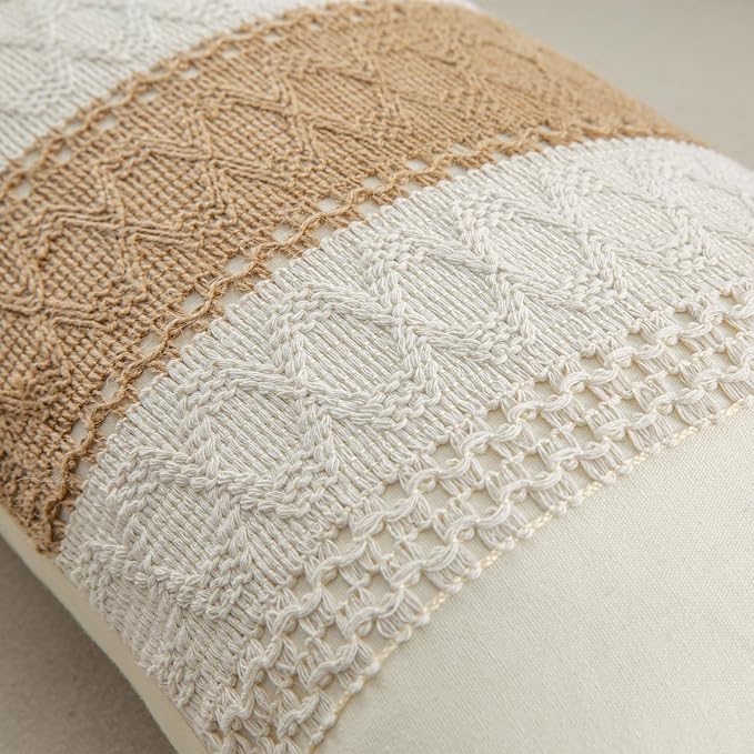 Lumbar Throw Pillow Covers Set of 1 (Beige & Brown, 12x20 Inch) | Linen Cotton Soft Cozy, Decorative Sofa Couch Pillow Cases, Textured Woven Single Striped, Boho Sytle for Living Room