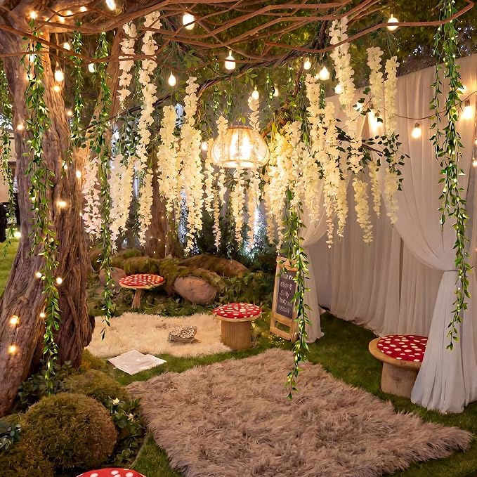 Enchanted Fairy Classroom Set, Artificial White Wisteria Vines | Hanging Flowers with Greenery for Ceiling Decor, Indoor Outdoor Party Fairy Decorations, Easy DIY for Bedroom Garden