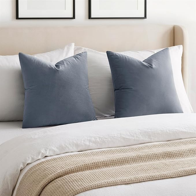 Throw Pillow Covers Set of 2 18x18 Inch Velvet Pillow Covers, Soft Blue Grey Decorative Covers for Couch Sofa Bed Living Room, Neutral Farmhouse Covers, Home Boho Decor