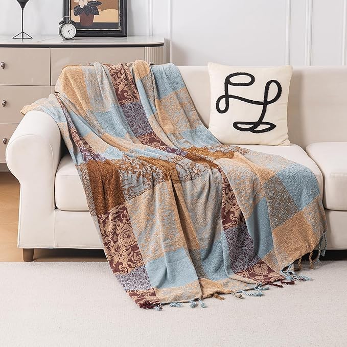 Boho Chenille Throw Blanket, Bohemian Jacquard Tassels Cover for Couch Bed, Decorative Sofa Slipcover Protector - Colorful Tribal Pattern (Vintage, 86 * 102 in)
