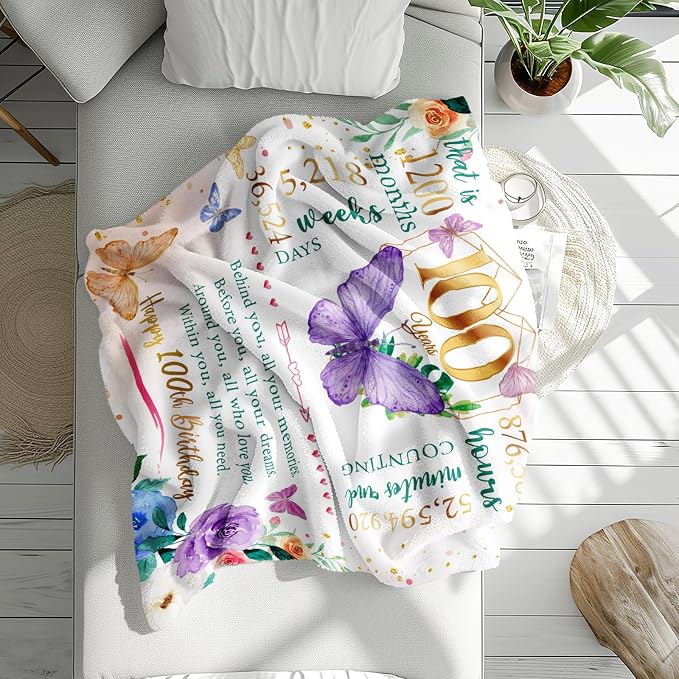 Gifts for 100 Year Old Woman, 100th Birthday Present for Women, 100th Birthday Gift Ideas, Present for Women 100yr Bday, Happy 100 Bday Decorations for Woman Throw Blanket 50"X60"
