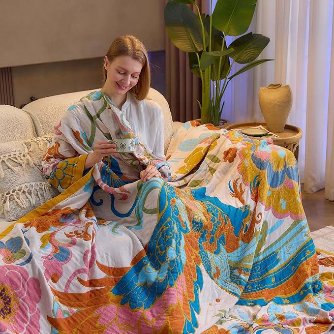 XIBLC Boho Throw Blanket, Lightweight Blankets for Summer, 100% Cotton Bohemian Decorative Throw Blanket, 60"x80" Reversible Muslin Breathable Woven Farmhouse Blankets Quilt,