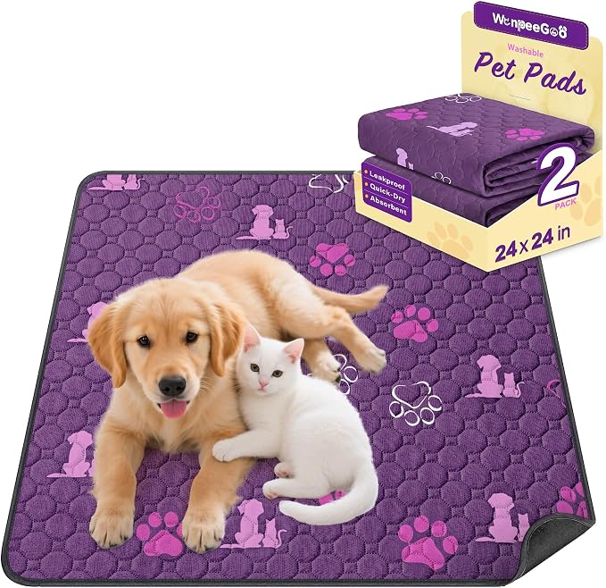 WanpeeGoo Washable Pee Pads for Dogs, Waterproof, 24 x 24 in, 2 Pack, Purp | Super Absorbent, Waterproof and Non-Slip; Washable, Reusable Dog Pads for Crates, Playpens, Floors, Furniture and Travel