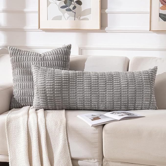 Fancy Homi Decorative Throw Pillow Covers for Bed Couch Bedroom Bench, Soft Corduroy Solid Pillow Case, Rustic Farmhouse Boho Room Decor,36" x 14" (Pack of 1),Gray