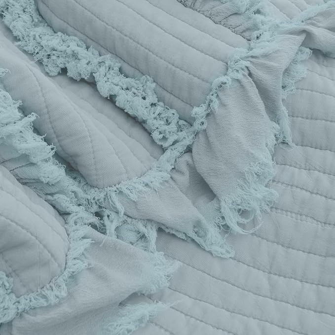 Ultra Soft Pre-Washed Warm Quilted Throw Blanket, Ruffle Fringed Blue Boho Decorative Throw, Stone Washed Chic Rustic Blanket for Sofa Couch Bed Chair, 50"x 60"