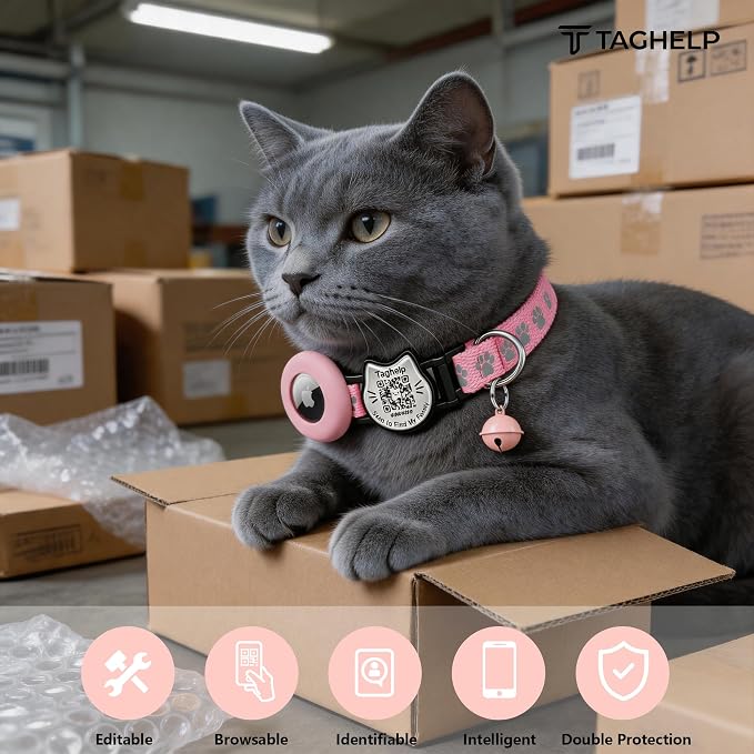 Cat Collar with AirTag Holder, QR Code Tag and Bell (Pink, Paw Pattern)