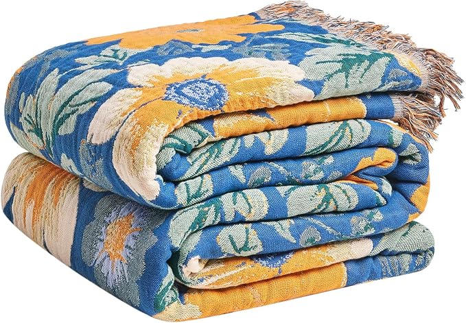 LUTBM Boho Throw Blanket for Bed 60"x80", All Season Cotton Couch Blankets | Blue Reversible Florals Jacquard, All-Season Twin Lightweight Breathable Quilt, For Chair Sofa Bedroom Living Room Decor