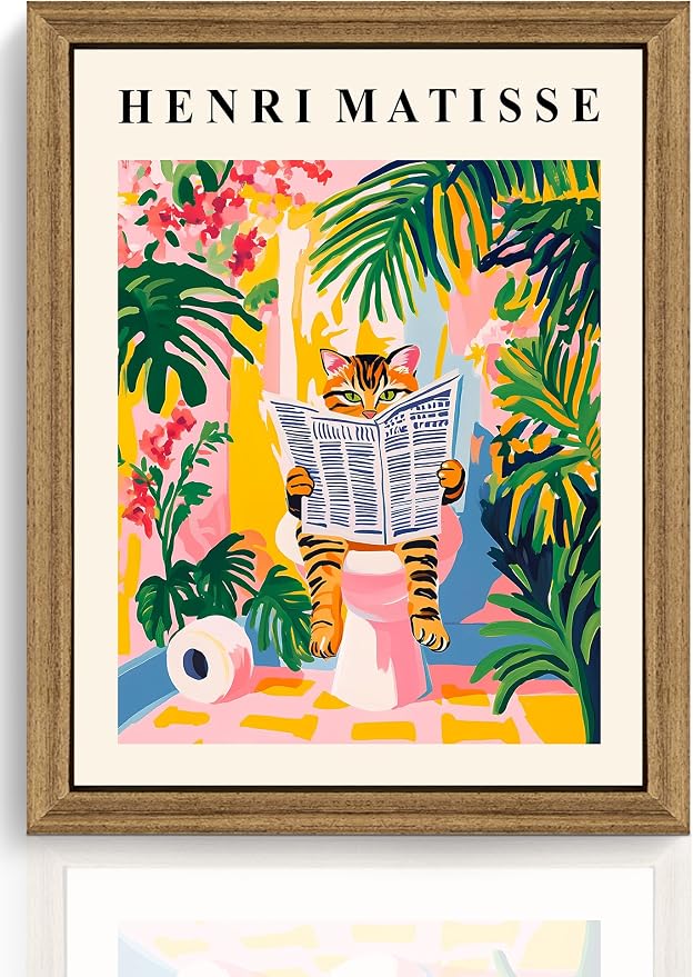 ICHZUMW Framed Funny Tabby Cat Matisse Canvas Bathroom Wall Art, 8x10 In | Humorous Cat Reading on Toilet, Girly Pink Dopamine Bathroom Wall Decor, Restroom Powder Room, Fade Resistant, Ready to Hang