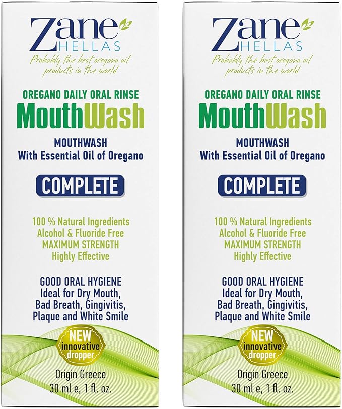 Zane Hellas MouthWash. Oral Rinse with Oregano Oil Power. Ideal for Gingivitis, Plaque, Dry Mouth, and Bad Breath. Alcohol and Fluoride Free. 100% Herbal Solution. 2 fl.oz.-60ml.
