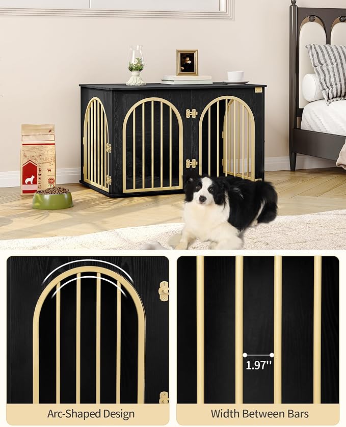 Hzuaneri 39.4'' Dog Crate Furniture,Dog Kennel Indoor for Medium/Large Dogs | Dog Kennel Furniture Wooden Dog Cage Heavy Duty Dog Crate Decorative Pet House End Side Table TV Stand,Black Gold DFC84104A