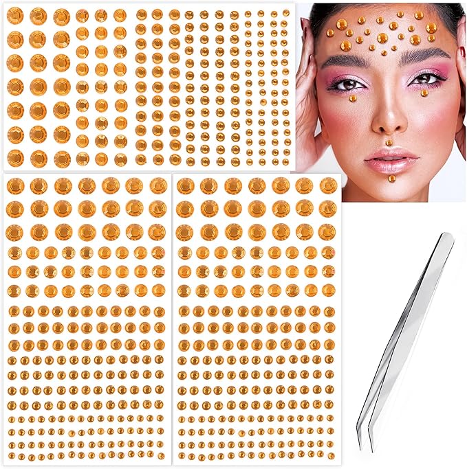 591pcs Face Gems Hair Gems Pearls, Self-Adhesive Face Jewels Eye Rhinestones 3/4/5/6/8 mm Face Gem Stick on, Halloween Makeup Gems Rave Accessories for Face Eyes Body Makeup (06.Orange)