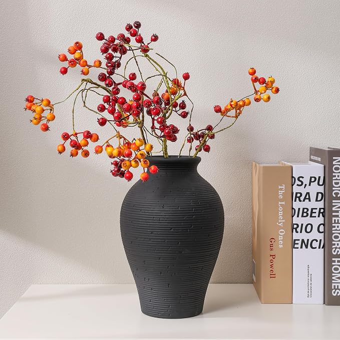 Ceramic Flower Vase Home Decor, 9 in Farmhouse Table Vases Rustic Vintage Living Room Kitchen Bedroom Pottery Decorative Vases for Flowers House Book Shelf Office Coffee Desk Dining Entryway, Black