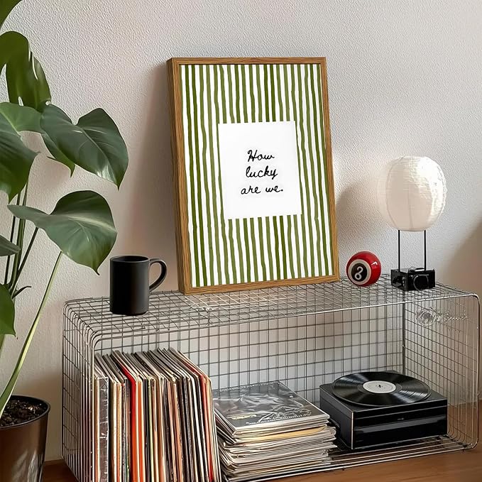 Framed How Lucky Are We Wall Art, Green Striped Pictures Wall Decor, Trendy Inspirational Quote Paintings Canvas Prints Preppy Home Decor for Living Room Bedroom Office Dorm 12x16 inch