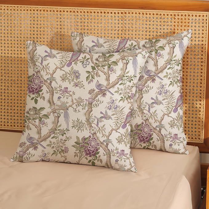 Chinoiserie Pillow Covers 18x18 Set of 2 Purple Green Floral Bird Throw Pillows Vintage Flowers Bird Decorative Pillow Cases Outdoor Chinoiserie Decor Farmhouse Cushion Case for Couch Sofa