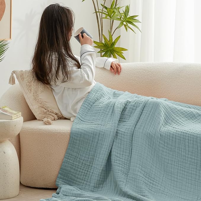 Love's cabin 100% Cotton Muslin Blanket, 6 Layer Lightweight Breathable Gauze Queen Size Blanket 90 x 90 Inches, Soft All Season Blanket for Bed, Cyan
