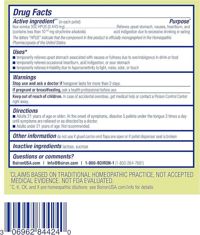 Boiron Nux Vomica 30C Homeopathic Medicine for Hangover Relief, Upset Stomach, Nausea, and Overindulgence of Food or Drink - 3 Count (240 Pellets)