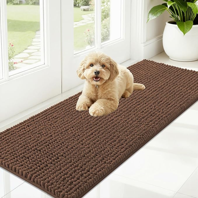 OLANLY Dog Door Mat for Muddy Paws 59x20, Extra Absorbent Chenille Mud Mat | Mocha, Absorbs Moisture and Dirt, Non-Slip Machine Washable Doormat, Quick-Drying Indoor Entryway Floor Mat for Dogs