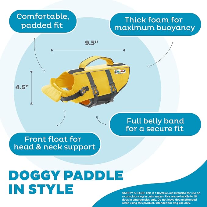 Outward Hound Granby Splash Dog Life Jacket, Life Vest, Yellow, X-Small | Max Buoyancy, Adjustable Fit, Head/Neck Support, Rescue Handle, Reflective, Swimming & Boating, X-Small Dogs (11–15" Girth)