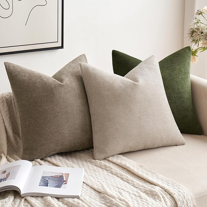 MIULEE Pack of 2 Olive Green Decorative Pillow Covers 18x18 Inch | Soft Chenille Couch Throw Pillows Farmhouse Cushion Covers for Home Decor Sofa Bedroom Living Room
