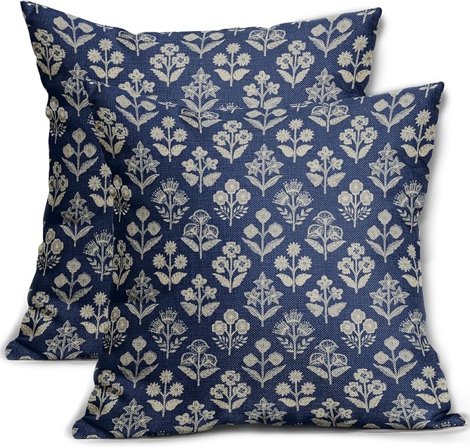 Dark Blue Floral Block Print Pillow Covers 20x20 Inch Set of 2, Vintage Flower Pattern Decorative Throw Pillowcases Outdoor Farmhouse Cushion Covers Spring Summer Rustic Sofa Couch Bed Decor