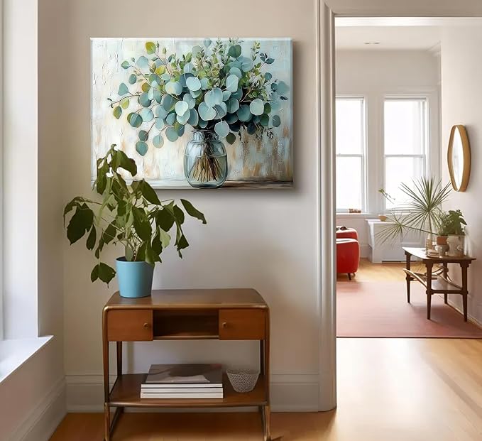 Eucalyptus Flower Vase Canvas Wall Art Sage Green Canvas With Plants Wall Decor Farmhouse Vintage Green Plants Poster Print Artwork for Bathroom Living room Bedroom Home Decoration