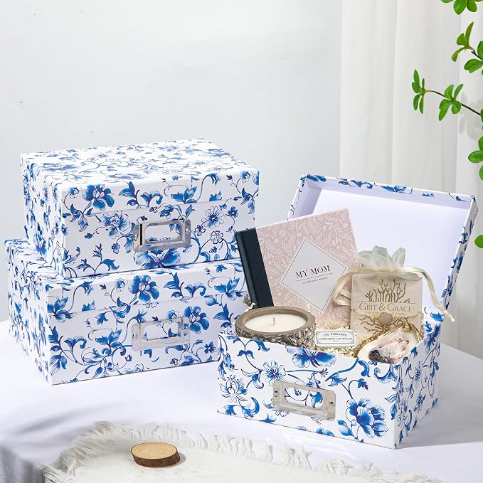 Briful Blue and White Porcelain Storage Boxes with Lids, Set of 4 – Chinoiserie Nested Card Photo Storage Box Organizer, Decorative Paperboard Box for Closet, Office, Gifts,Cosmetic,Books