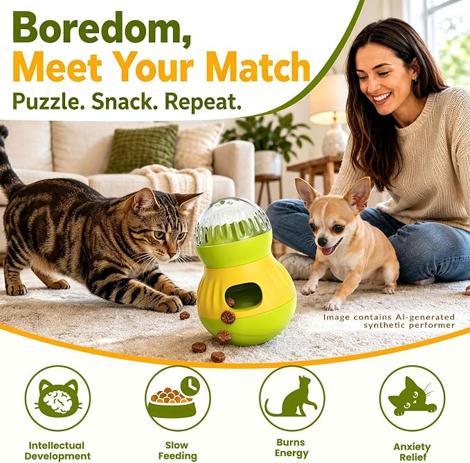 Dog & Cat Treat Dispenser Wobble Ball, Green-Yellow