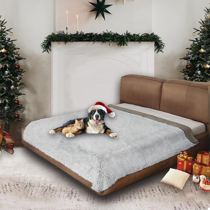 Waterproof Dog Bed Cover, Dog Pad Soft Plush Pet Blanket with Anti-Slip Back for Bed Couch Sofa, Furniture Protector for Small, Medium and Large Dogs and Cats (Light Gray, 82"x82")