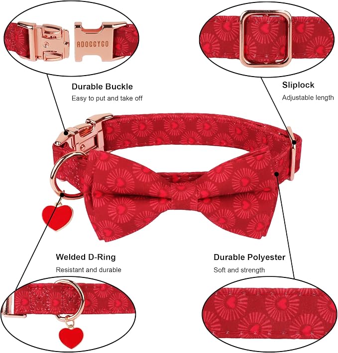 ADOGGYGO Valentine Dog Collars with Bow, Detachable Heart Sunburst Print Bowtie, Metal Buckle, Adjustable Valentine Collars for Extra Small Dogs Boy Girl (X-Small)