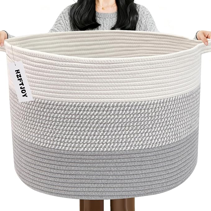 65L Large Blanket Basket,Woven Rope Laundry Basket-Grey | Collapsible, reinforced handles, nursery storage bin organizes clothes, toys and pillows for living room, bedroom bathroom