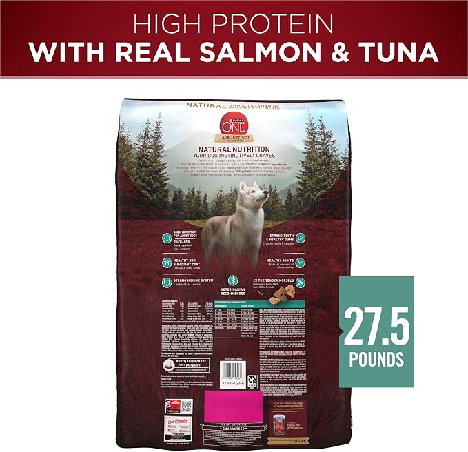 Purina ONE True Instinct Dry Dog Food, Real Salmon & Tuna, 27.5 lb Bag | Nutrient dense, with 30% protein to help support strong muscles, natural with added vitamins, minerals and nutrients