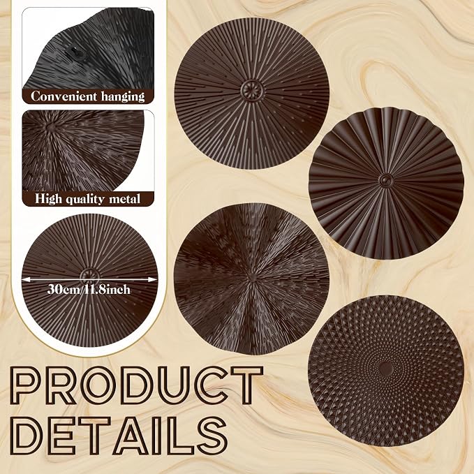 Hicarer 4 Pcs 12 Inch Brown Metal Wall Art Decor Modern Sunburst Hanging Artwork Decor Wall Decorations for Home Bedroom Bathroom Living Room Office Sculpture