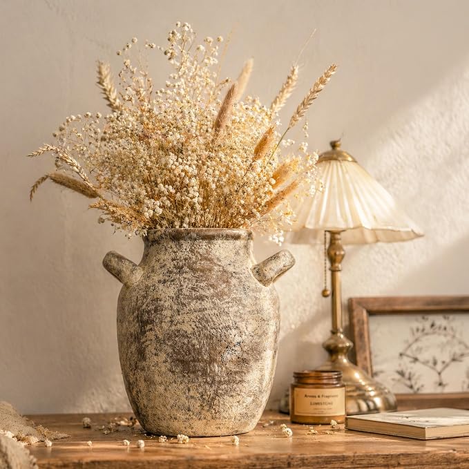 DREAMLOOM 7.2 Inch Ceramic Flower Vase, Terracotta | Double Handles, Farmhouse Vintage, Pottery, Home Decor, Living Room Dining Table Wedding Centerpieces