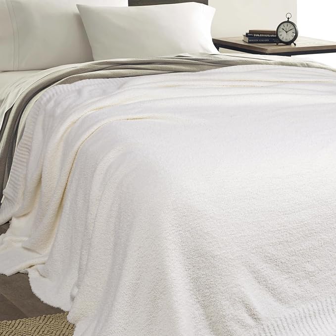 Cream White Fuzzy Knitted Blanket, Soft Lightweight Plush Queen Size for Bed, Cozy Nights (90x90)