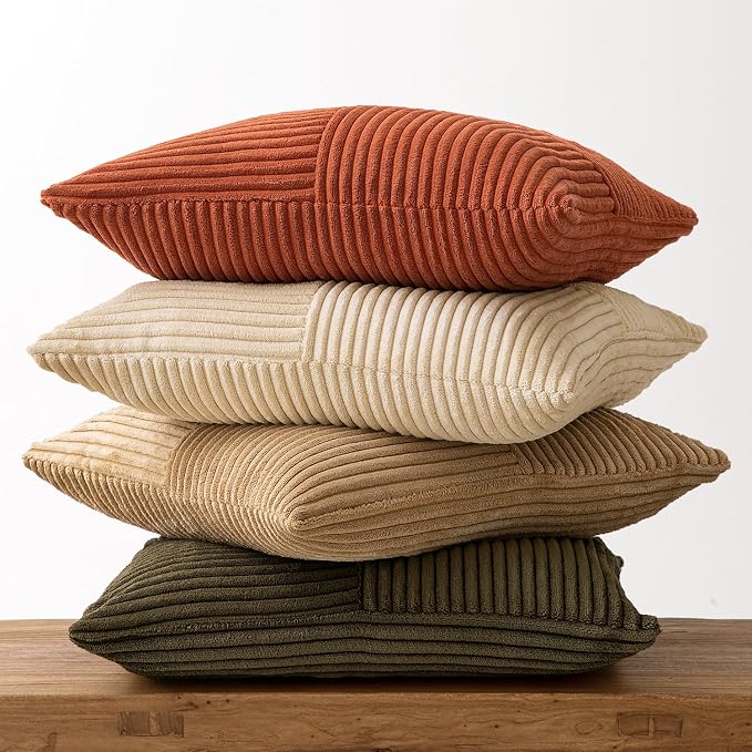 MIULEE Rust-Olive Green Decorative Throw Pillow Covers 16x16 Inch Set of 4 Boho Color-Clash Cushion Cases Farmhouse Pillow Cases Corduroy Striped Home Decor for Couch Sofa Living Room Bed