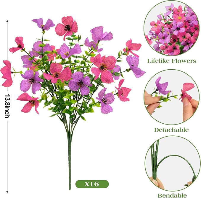 16 Pcs Artificial Flowers for Outdoors Decor, Purple & Rose Red | Realistic, silk flowers, faux plastic plants, UV resistant, for summer garden porch window vase indoor outdoor home decor