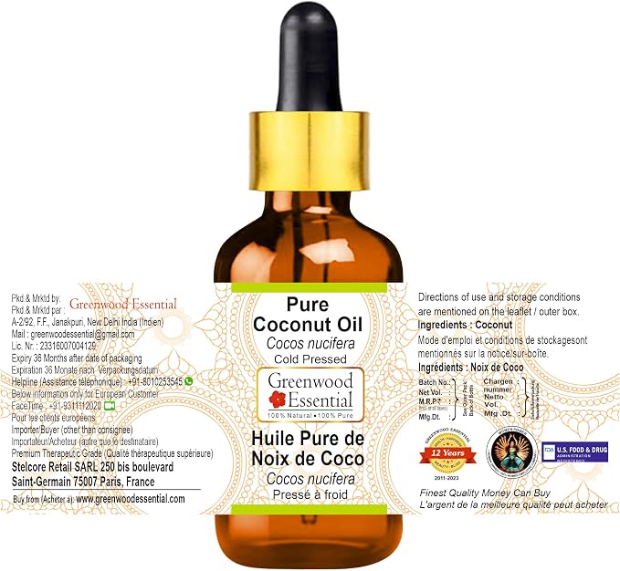 Greenwood Essential Coconut Oil (Cocos nucifera) with Glass Dropper | Cold Pressed | Natural | Undiluted | For Diluting Essential Oils | For Hair, Skin & Massage | Men & Women | 30ml (1 oz)