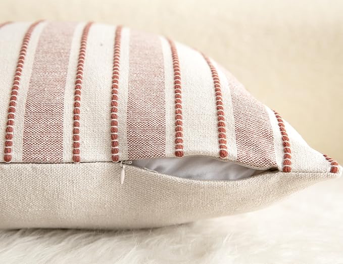 Cethom Decorative Boho Lumbar Throw Pillow Covers, Farmhouse Textured Pillow Case, 12 x 20 Inch Set of 2, Chair Sofa Bedroom Living Room Home Decor Couch Cushion Case, Rust and Beige Striped