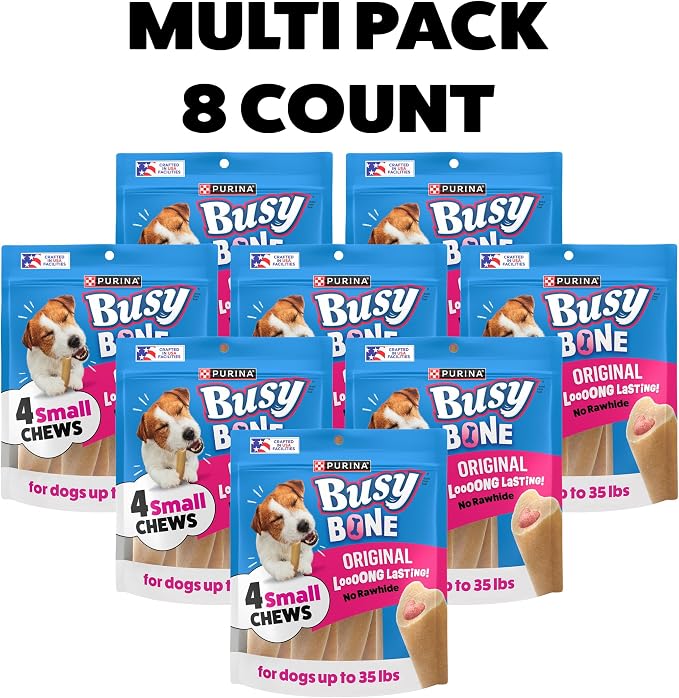 Purina Busy Bone Adult Small Dog Chew Treats, Original, (8) 4 ct Pouches | Rawhide free chew with a real meat center for small dogs up to 35 lbs, long lasting chew that helps clean teeth
